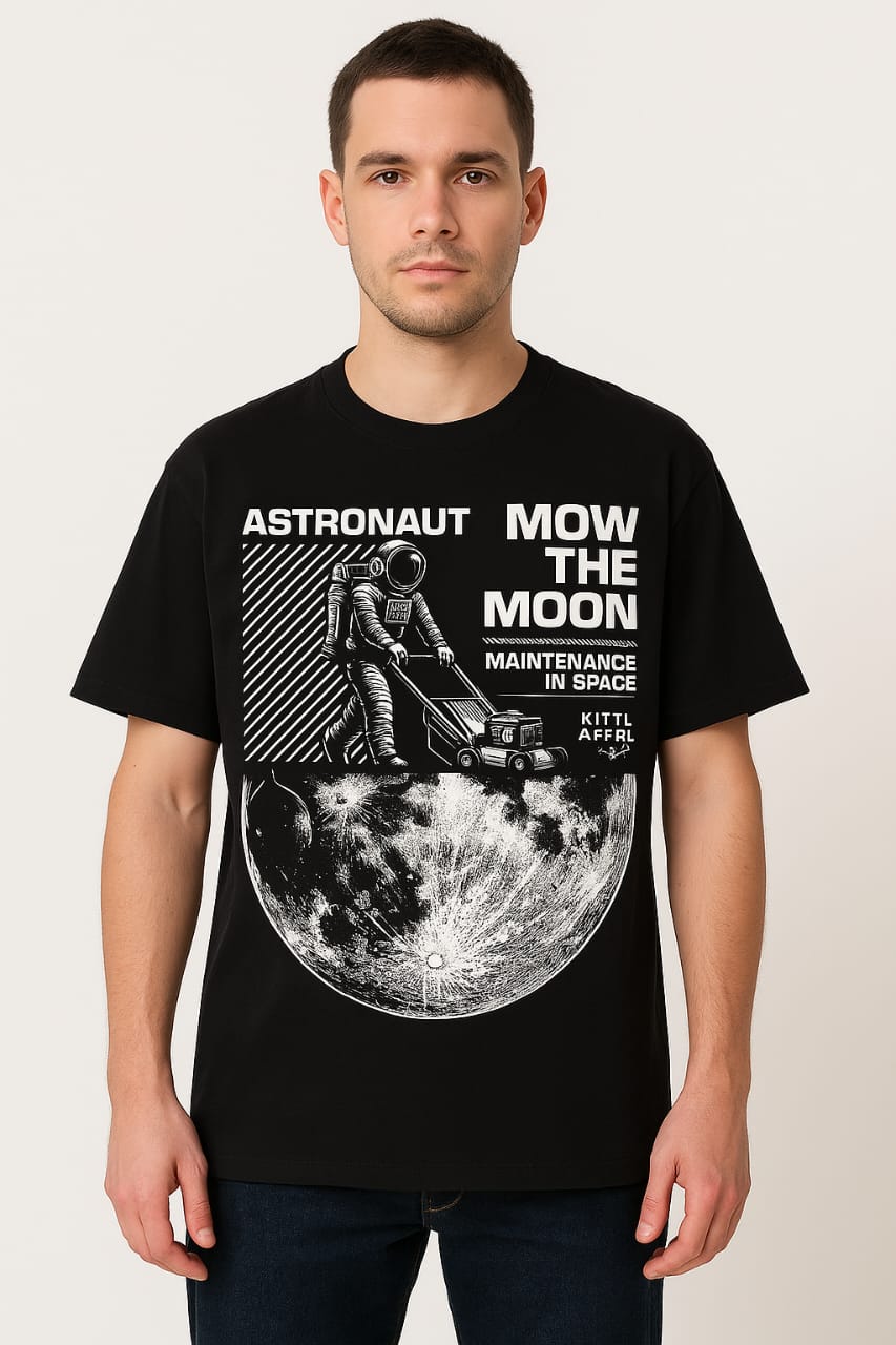 Black “Mow the Moon” Astronaut T-Shirt – Cosmic Streetwear Style