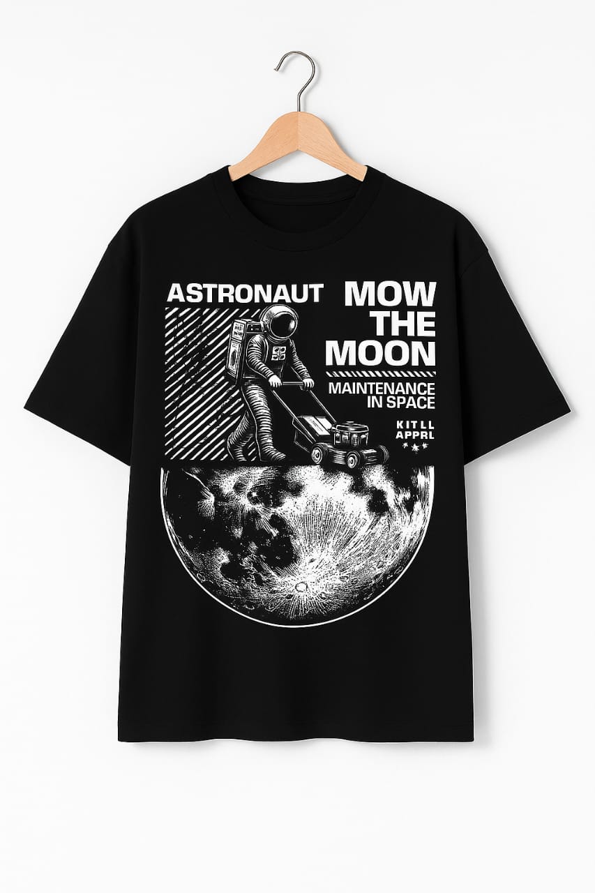 Black “Mow the Moon” Astronaut T-Shirt – Cosmic Streetwear Style