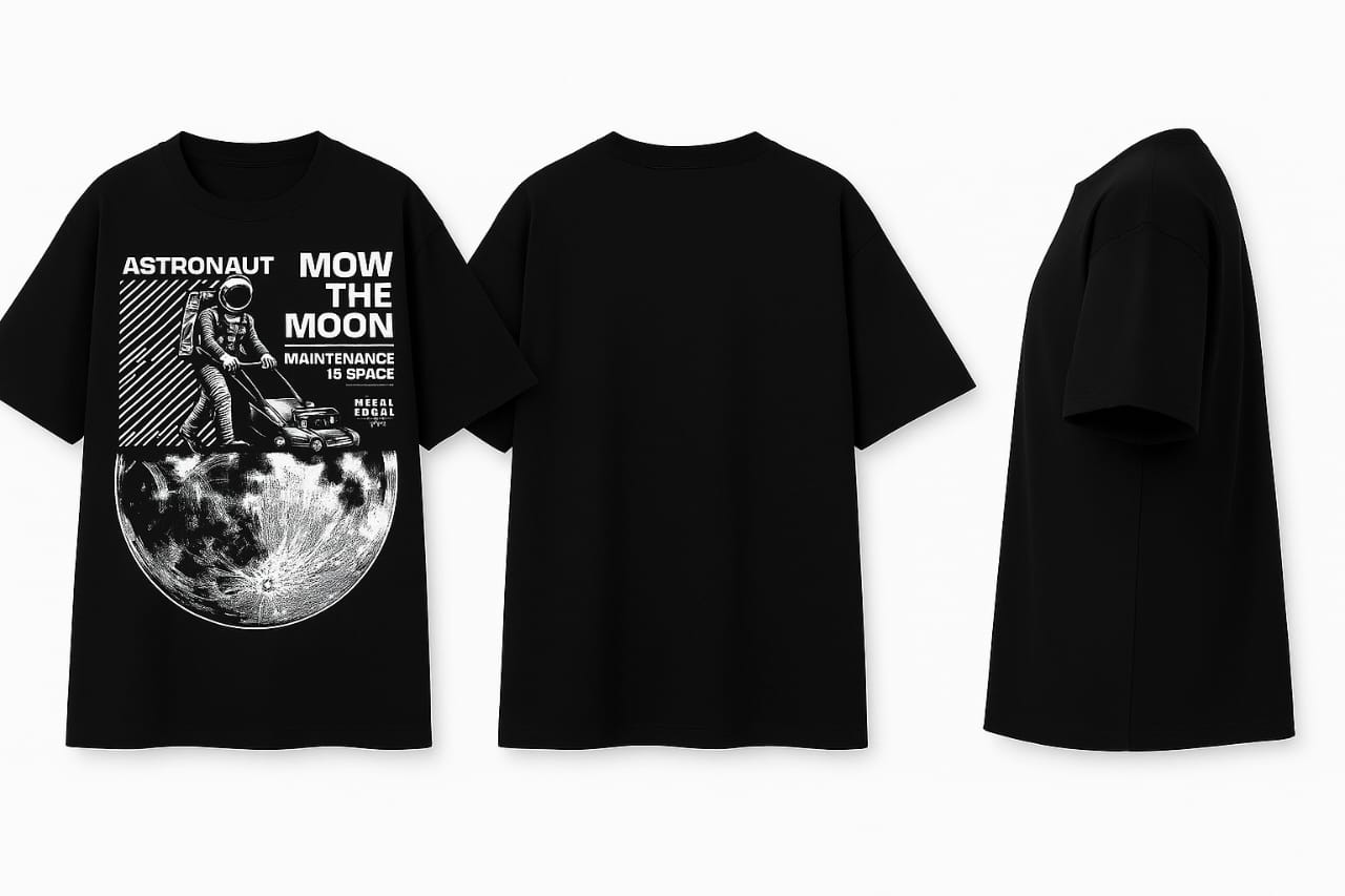 Black “Mow the Moon” Astronaut T-Shirt – Cosmic Streetwear Style