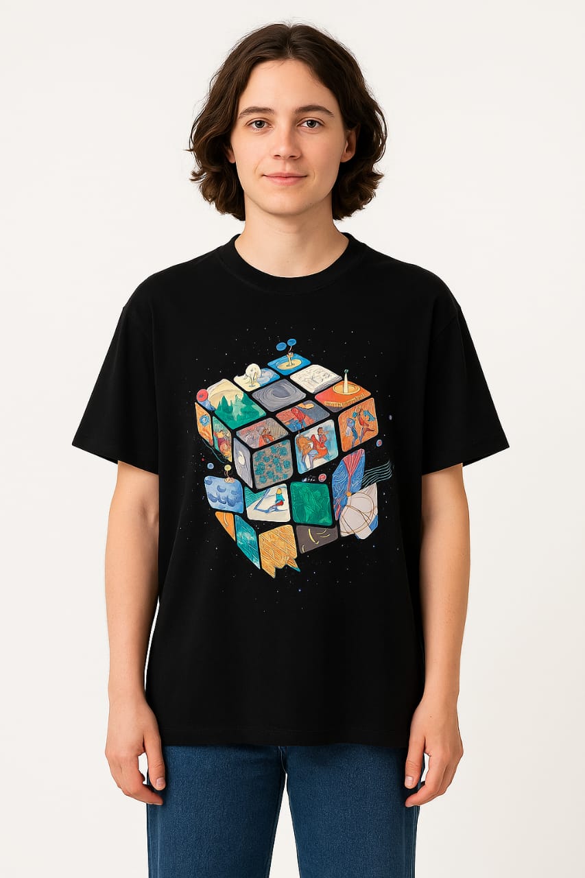 "Cosmic Cube" Unisex Oversized Black Graphic T-Shirt