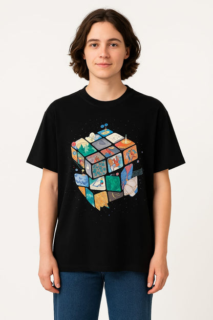 "Cosmic Cube" Unisex Oversized Black Graphic T-Shirt
