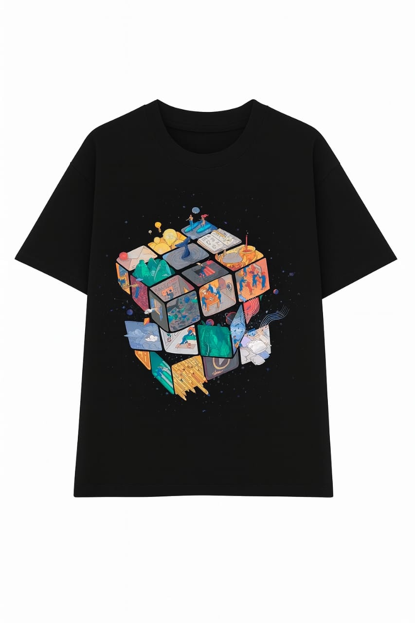 "Cosmic Cube" Unisex Oversized Black Graphic T-Shirt