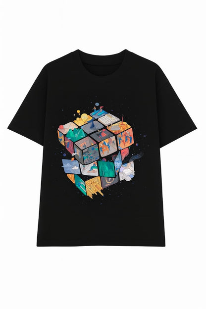 "Cosmic Cube" Unisex Oversized Black Graphic T-Shirt