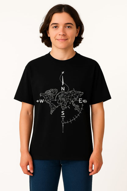 "Explore the World" Compass Map Graphic Oversized Black T-Shirt – Unisex Travel-Inspired Tee