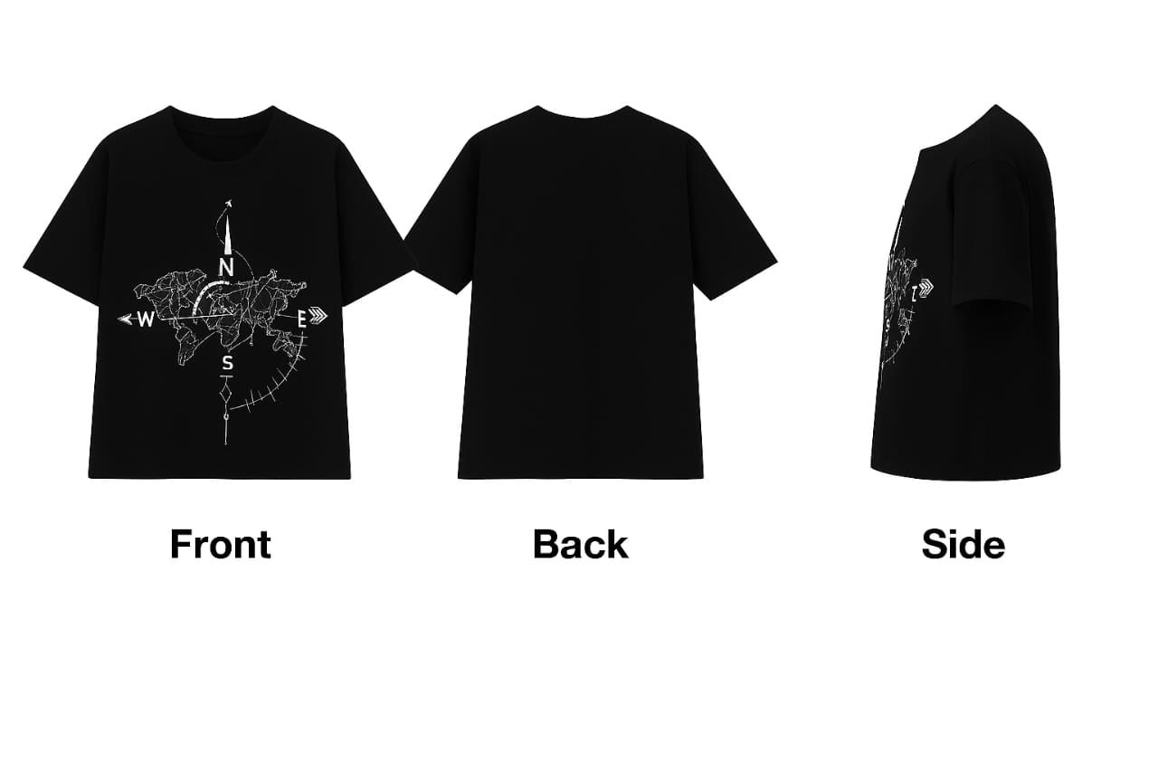 "Explore the World" Compass Map Graphic Oversized Black T-Shirt – Unisex Travel-Inspired Tee