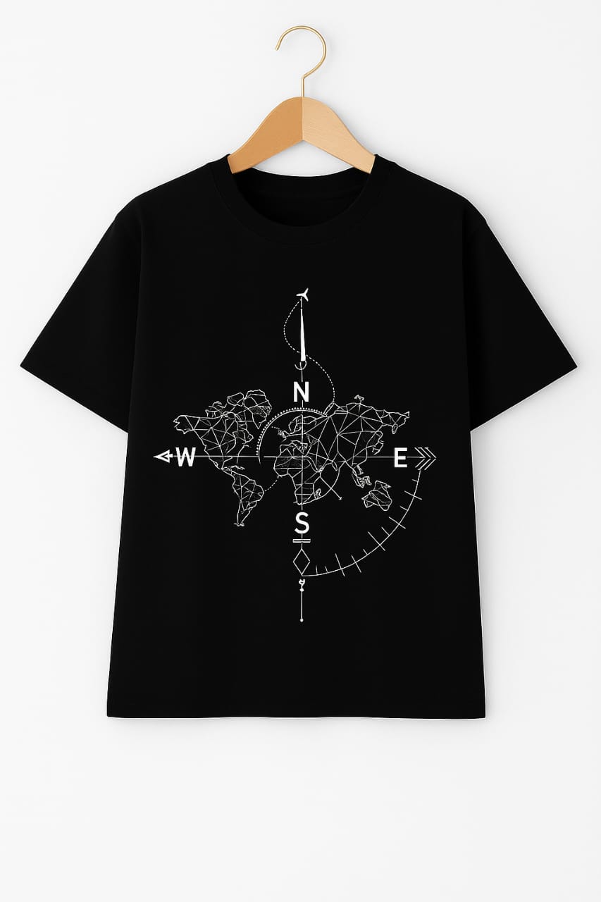 "Explore the World" Compass Map Graphic Oversized Black T-Shirt – Unisex Travel-Inspired Tee