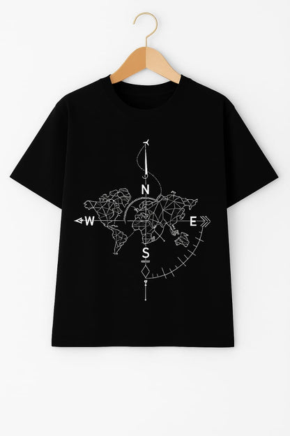 "Explore the World" Compass Map Graphic Oversized Black T-Shirt – Unisex Travel-Inspired Tee