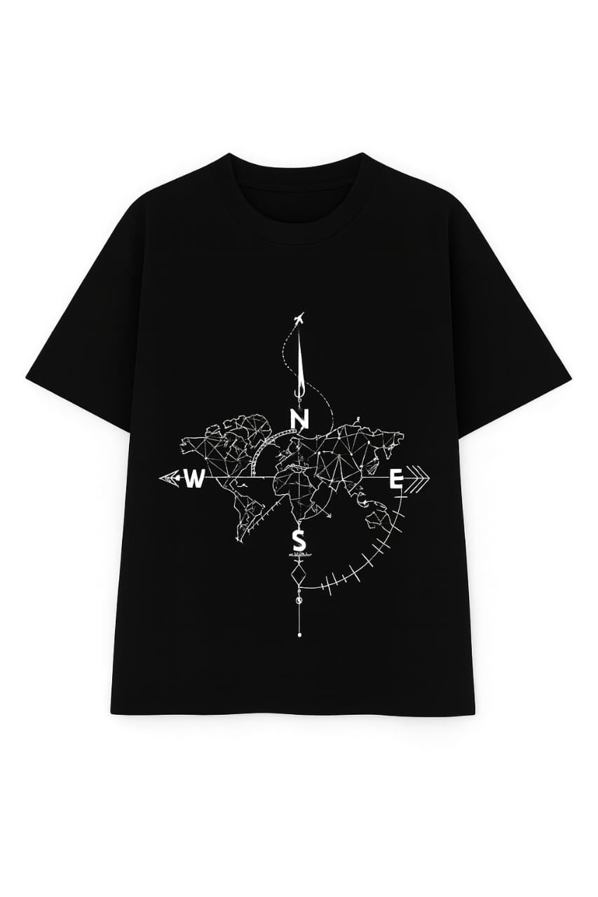 "Explore the World" Compass Map Graphic Oversized Black T-Shirt – Unisex Travel-Inspired Tee