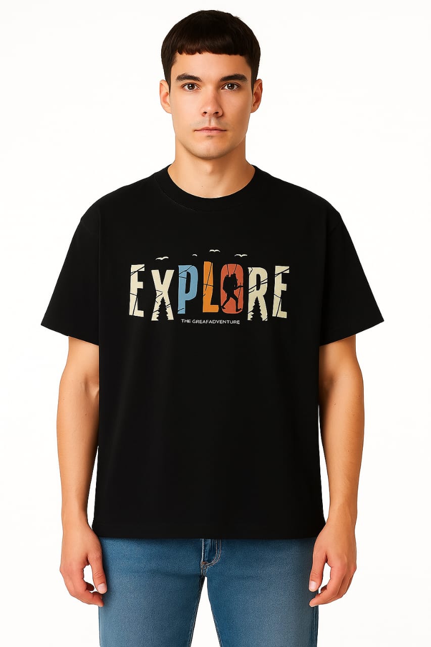 Explore Adventure T-Shirt – Unisex Black Oversized Cotton Tee for Travelers & Outdoor Enthusiasts