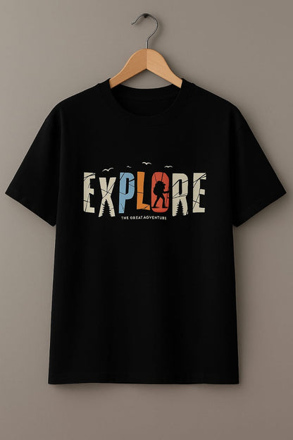 Explore Adventure T-Shirt – Unisex Black Oversized Cotton Tee for Travelers & Outdoor Enthusiasts