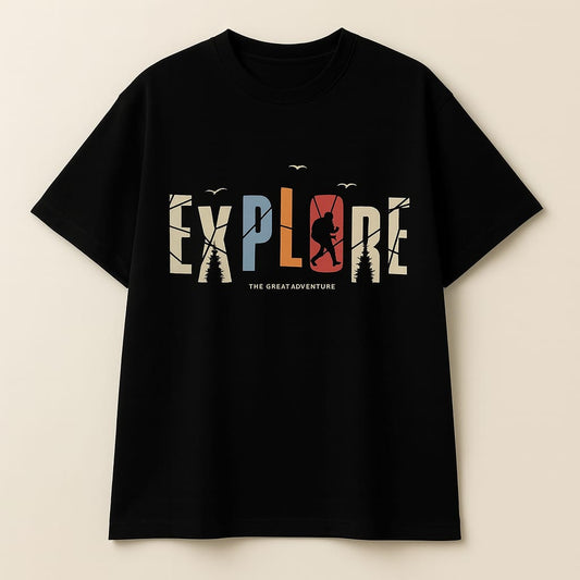 Explore Adventure T-Shirt – Unisex Black Oversized Cotton Tee for Travelers & Outdoor Enthusiasts