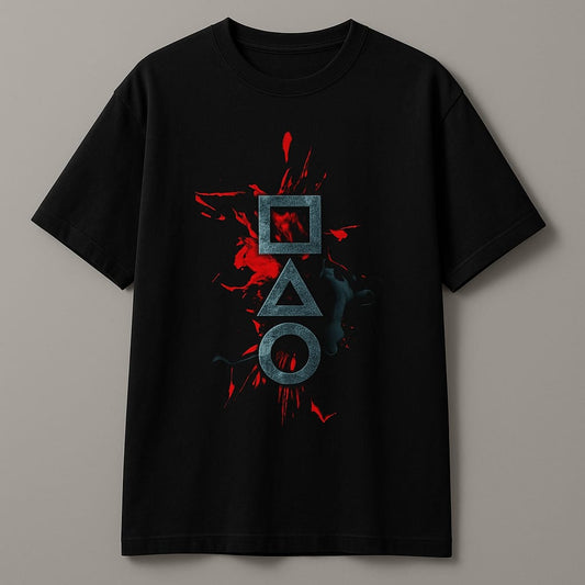PlayMode Gamer T-Shirt – Unisex Black Graphic Tee with PlayStation-Inspired Geometric Design