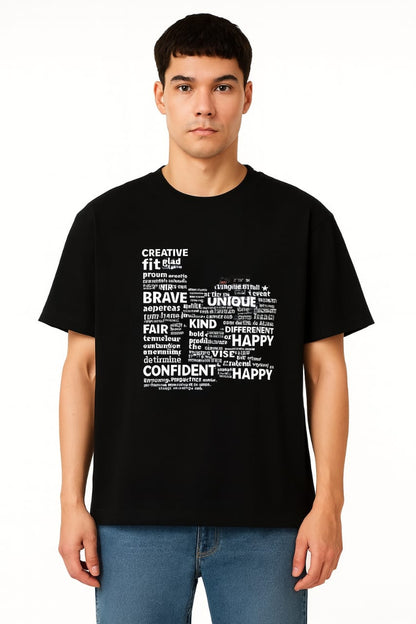 Motivational Word Cloud T-Shirt – Unisex Black Oversized Cotton Tee with Positive Quotes Design