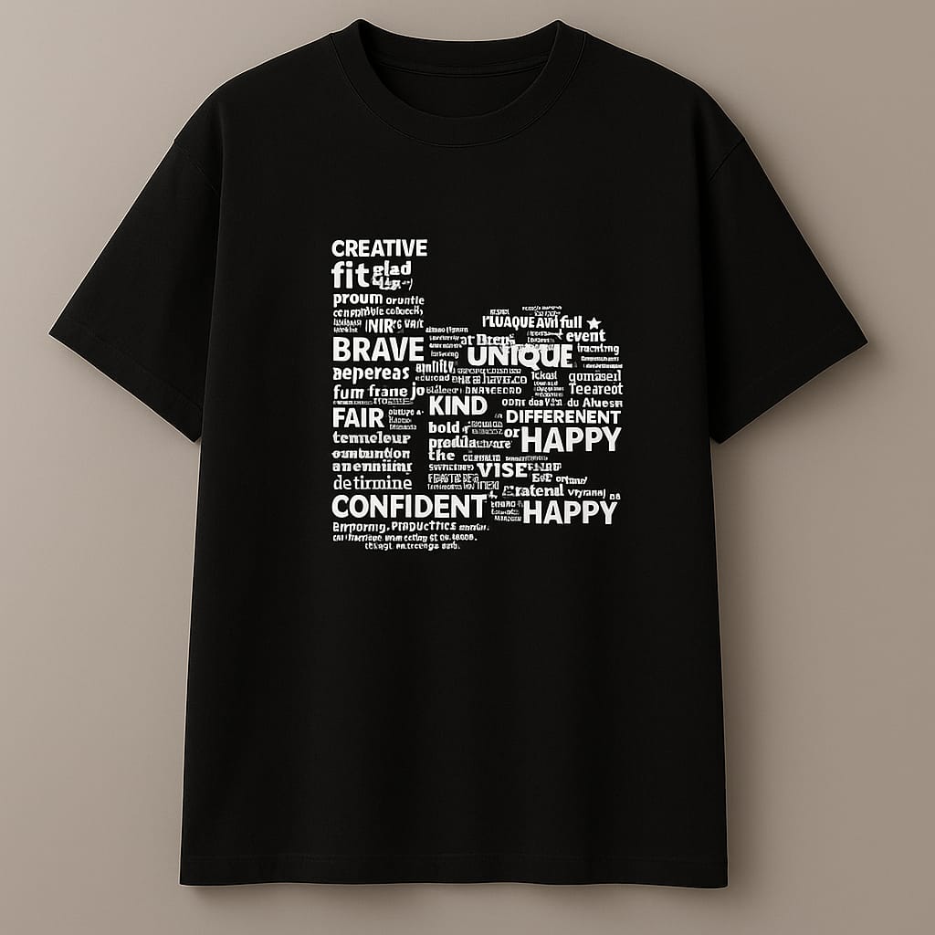 Motivational Word Cloud T-Shirt – Unisex Black Oversized Cotton Tee with Positive Quotes Design