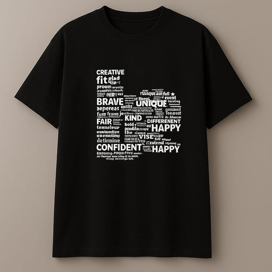 Motivational Word Cloud T-Shirt – Unisex Black Oversized Cotton Tee with Positive Quotes Design