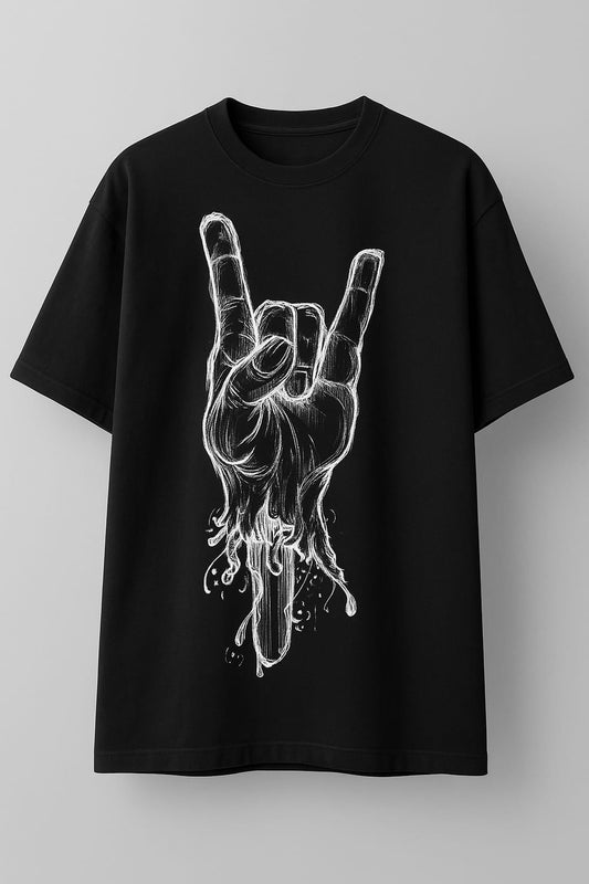 Rock On Drip Hand Graphic Oversized Black T-Shirt | Unisex Streetwear Tee